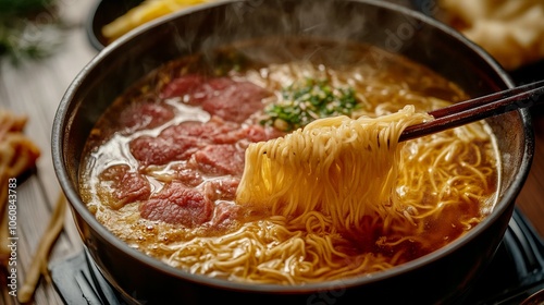 Classic Shabu-Shiru Hot Pot with Beef and Noodles. AI generated illustration