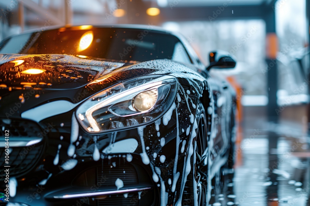 Obraz premium A black car is cleaned with soapy water at a modern car wash. Car wash, Car detailing