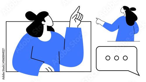 Minimalist drawing of a person wearing blue, pointing upwards and to the side, accompanied by a speech bubble with three dots. Ideal for communication, discussion, dialogue, interaction, education