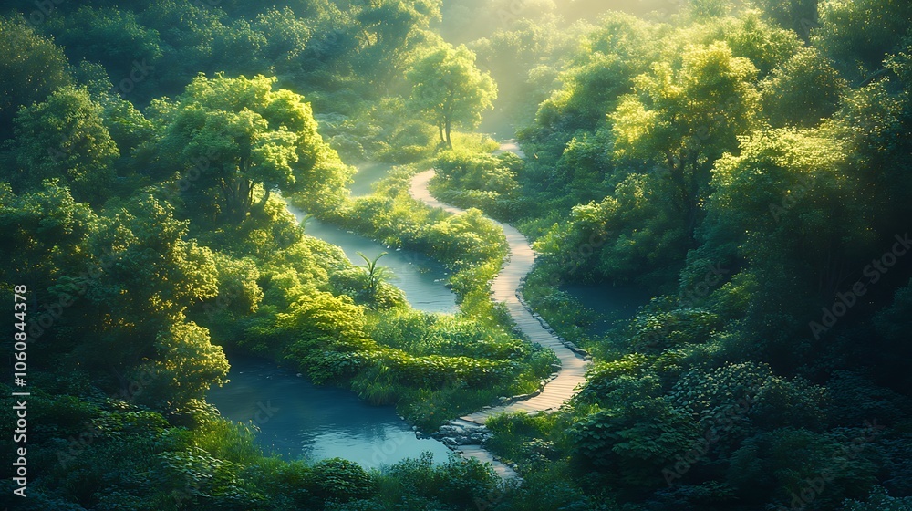 High-angle shot of winding paths through a dense, lush forest, trails meandering across vibrant green foliage, soft sunlight dappling through the treetops, inviting and tranquil, High-angle shot of winding paths through a dense, lush forest, trails meandering across vibrant green foliage, soft sunlight dappling through the treetops, inviting and tranquil,