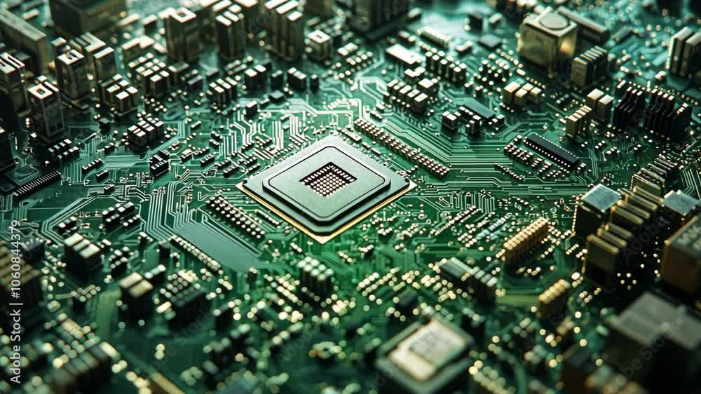 A close-up of a circuit board with a central processor A close-up of a circuit board with a central processor