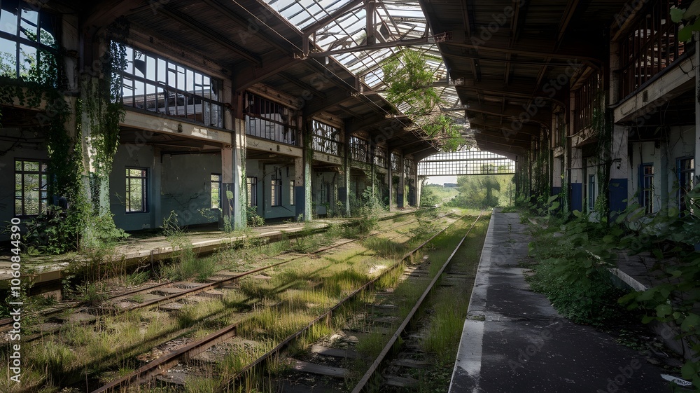 Overgrown abandoned train station with vines, trees, and broken windows Overgrown abandoned train station with vines, trees, and broken windows