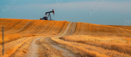 Oil well pump jack in a field at sunset. Concepts. oil industry, fossil fuels, energy, extraction, environment, landscape