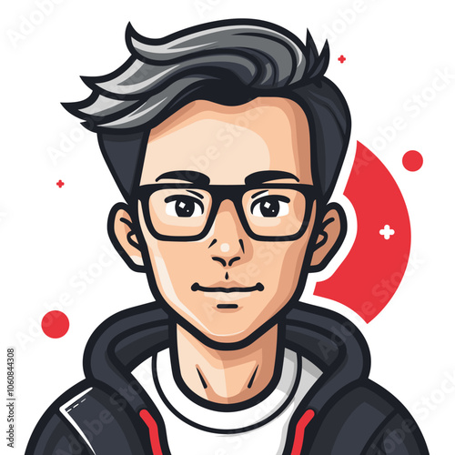 Man with glasses is the main focus of the image. The man is wearing a shirt and glasses, and he has a serious expression on his face. The image is a cartoonish representation of a man