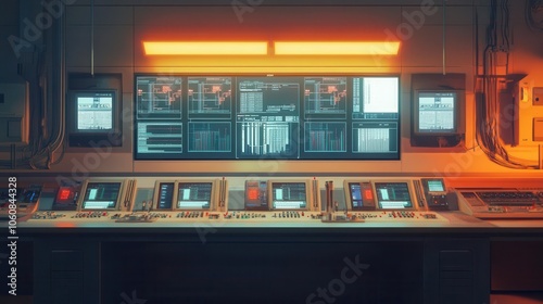 Control room with monitors displaying fuel data, modern technology, efficient operations