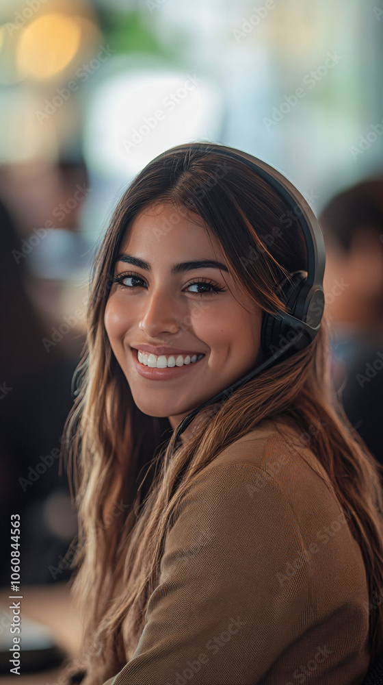 Obraz premium Smiling young businesswoman wearing a headset and working in a bustling call center