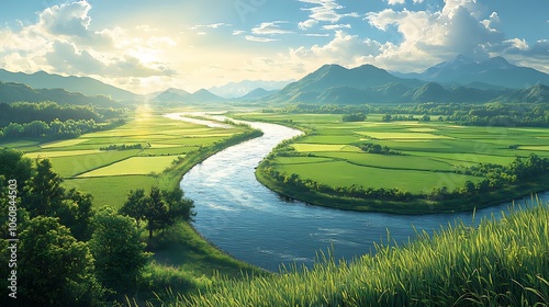 High-angle view of a winding river carving through expansive fields, vibrant green crops and meadows on either side, sunlight glistening on water, distant mountains in view, peaceful rural landscape,