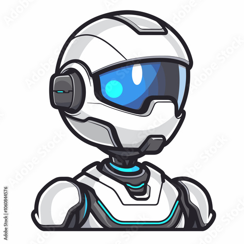 Robot with blue eyes and a white helmet. The robot is wearing a blue and white outfit
