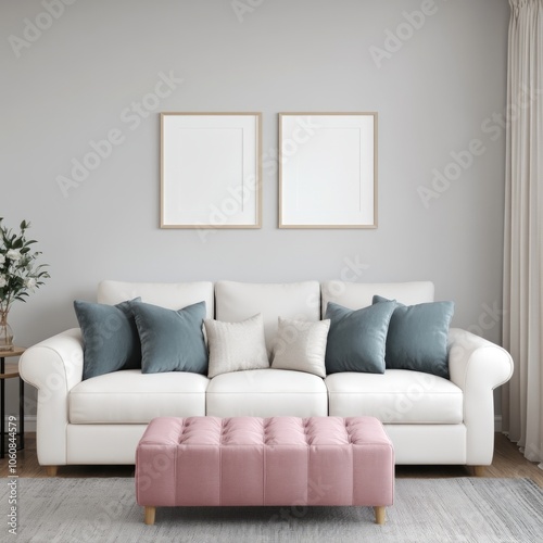 A white sofa with blue and white pillows in front of a grey wall with two empty picture frames. A pink tufted ottoman sits in front of the sofa.