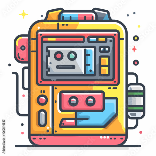 Yellow and red machine with a face on it. It looks like a cassette tape recorder. The machine is colorful and has a cartoonish appearance