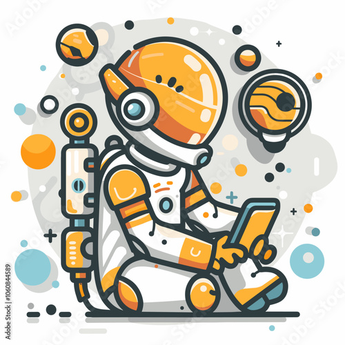 Robot astronaut is sitting on the ground and looking at a cell phone. The image has a futuristic and space-like feel to it, with the robot's suit and the cell phone giving off a sense of technology