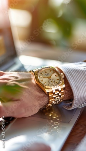 Luxury Gold Wristwatch on Businessman's Arm Symbolizing Time Management and Success photo