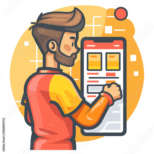 Man is using a cell phone with a red background. He is looking at the screen with a serious expression