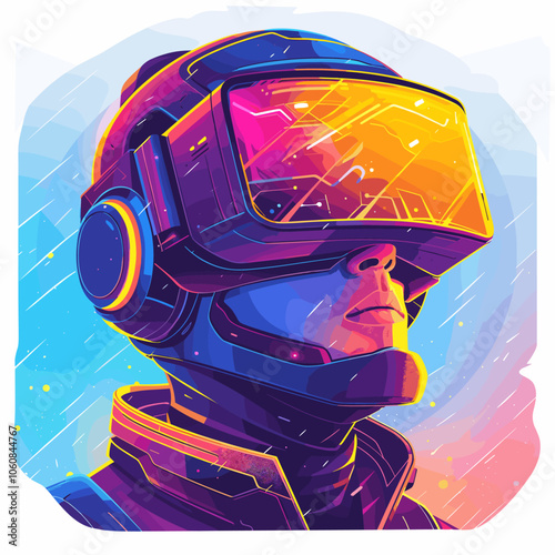 Man in a VR headset is looking out into the distance. The image is a colorful, abstract painting with a futuristic feel. The man's expression is serious and focused