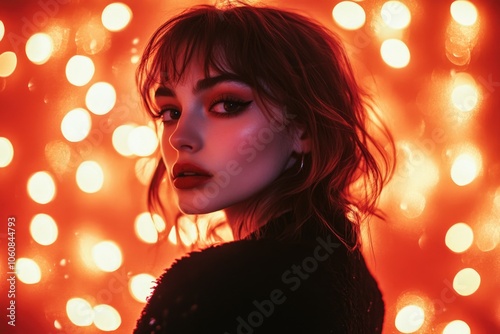 A woman stands in front of a backdrop with bright red lights, her expression focused