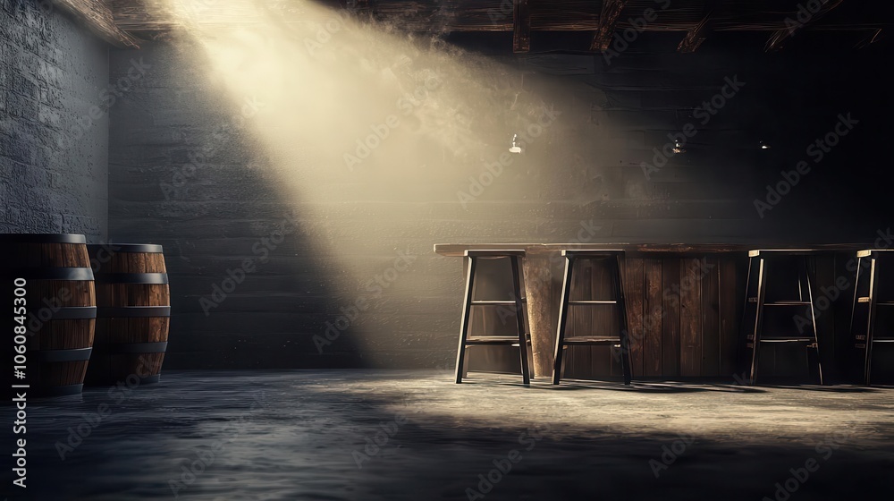 Obraz premium Bar with rustic barrels and high stools, dim lights, historic vibe, Oldworld bar experience