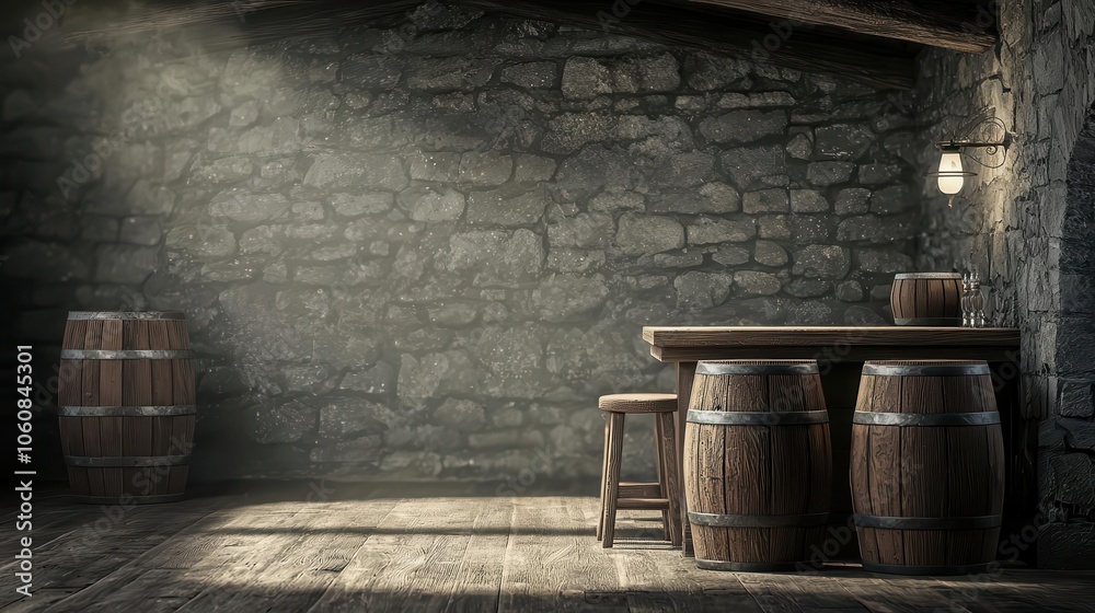 Bar with rustic barrels and high stools, dim lights, historic vibe, Oldworld bar experience Bar with rustic barrels and high stools, dim lights, historic vibe, Oldworld bar experience