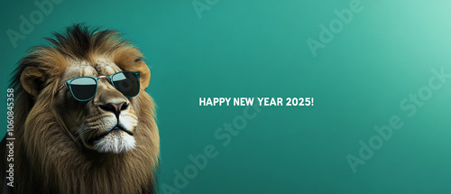 Cool Lion Wearing Sunglasses for Happy New Year 2025 Greeting Card, Cool Lion Wearing Sunglasses for Happy New Year 2025 Greeting Ca photo