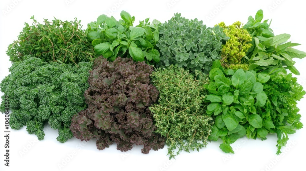 A Collection of Fresh Herbs and Greens on a White Background A Collection of Fresh Herbs and Greens on a White Background