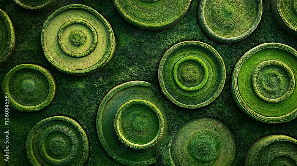 Overhead shot of farmland with circular irrigation fields, vibrant green crop circles standing out against earthy soil, concentric lines adding depth and texture, sunlight enhancing the design,