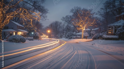 A quiet snowy neighborhood lit up by car light trails adding a touch of magic to the winter scenery. photo