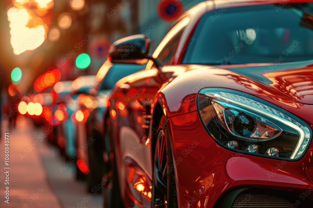 Row of red cars parked along urban street with buildings and trees in background Row of red cars parked along urban street with buildings and trees in background