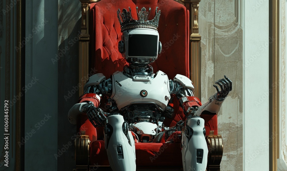 Fototapeta premium A robot king sits on a throne.