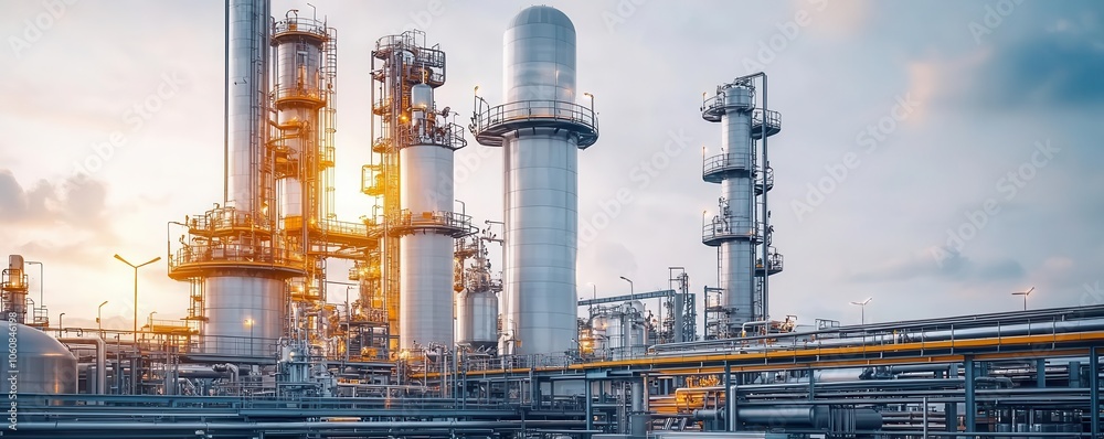 Fuel processing plant with towering distillation columns, heavy machinery, clean lines Fuel processing plant with towering distillation columns, heavy machinery, clean lines