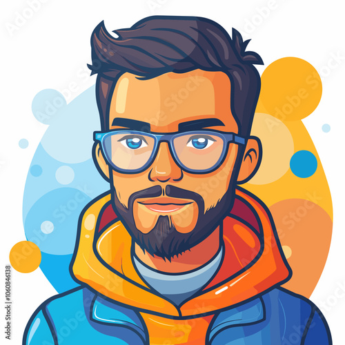 Man with glasses is the main focus of the image, he has a serious expression on his face. The image is a cartoonish representation of a man