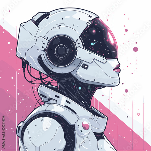 Woman in a white robot suit with a pink background. The robot suit is futuristic and has a metallic look to it. The pink background adds a pop of color and contrast to the image