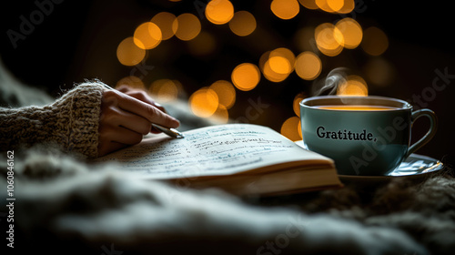 Enjoying a warm cup of tea labeled gratitude while writing in a journal, surrounded by soft textures and twinkling holiday lights photo