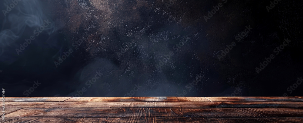 Close-up of wooden table in dark wall background concept for advertising, copy space. Close-up of wooden table in dark wall background concept for advertising, copy space.