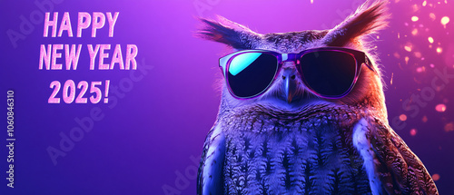 Cool Owl Wearing Sunglasses for Happy New Year 2025 Greeting Card, Cool Owl Wearing Sunglasses for Happy New Year 2025 Greeting Car photo