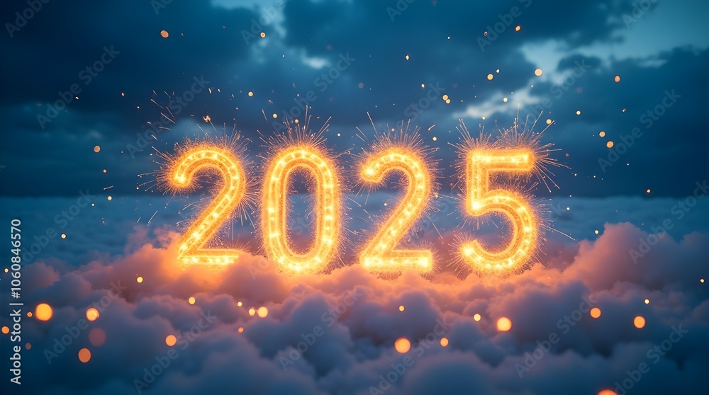 2025 text on blue sky with clouds, fireworks and golden particles