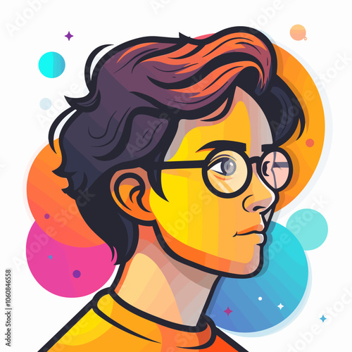 Man with glasses is the main focus of the image, he has a serious expression on his face. The image is a cartoonish representation of a man