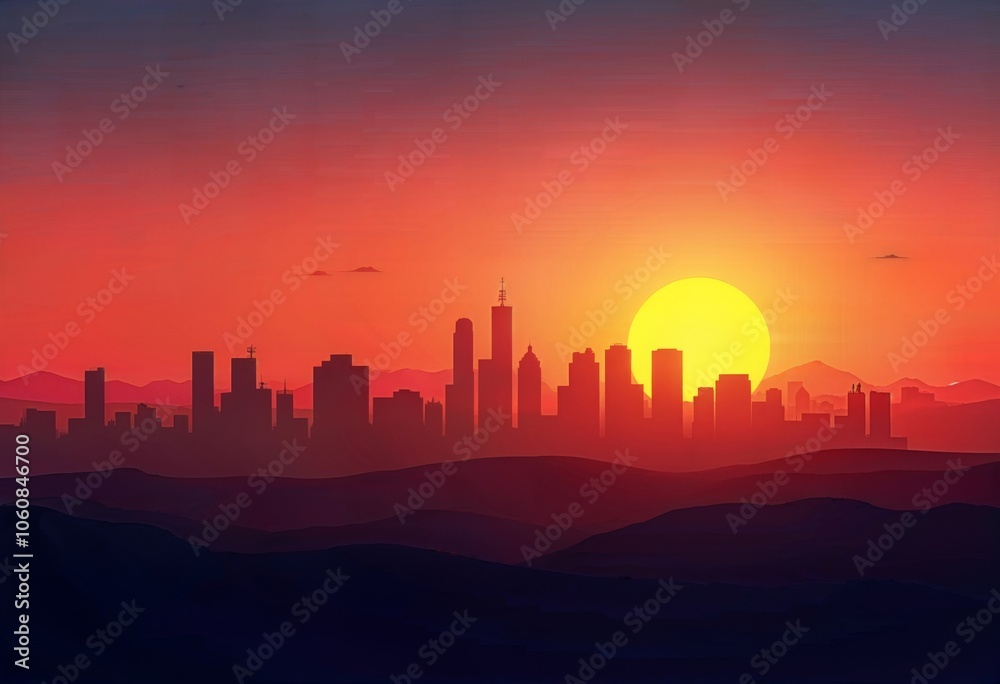 Naklejka premium Stunning sunset view over a city skyline with mountains in the background showcasing vibrant colors and silhouettes