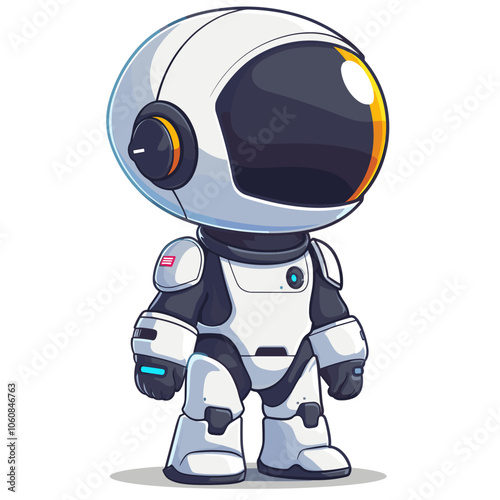 Robot with a helmet on a white background. The robot is wearing a white helmet and has a futuristic look