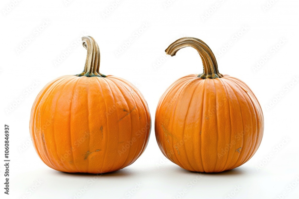 Two orange pumpkins sit side by side on a clean white surface, perfect for fall decorations or photography props Two orange pumpkins sit side by side on a clean white surface, perfect for fall decorations or photography props