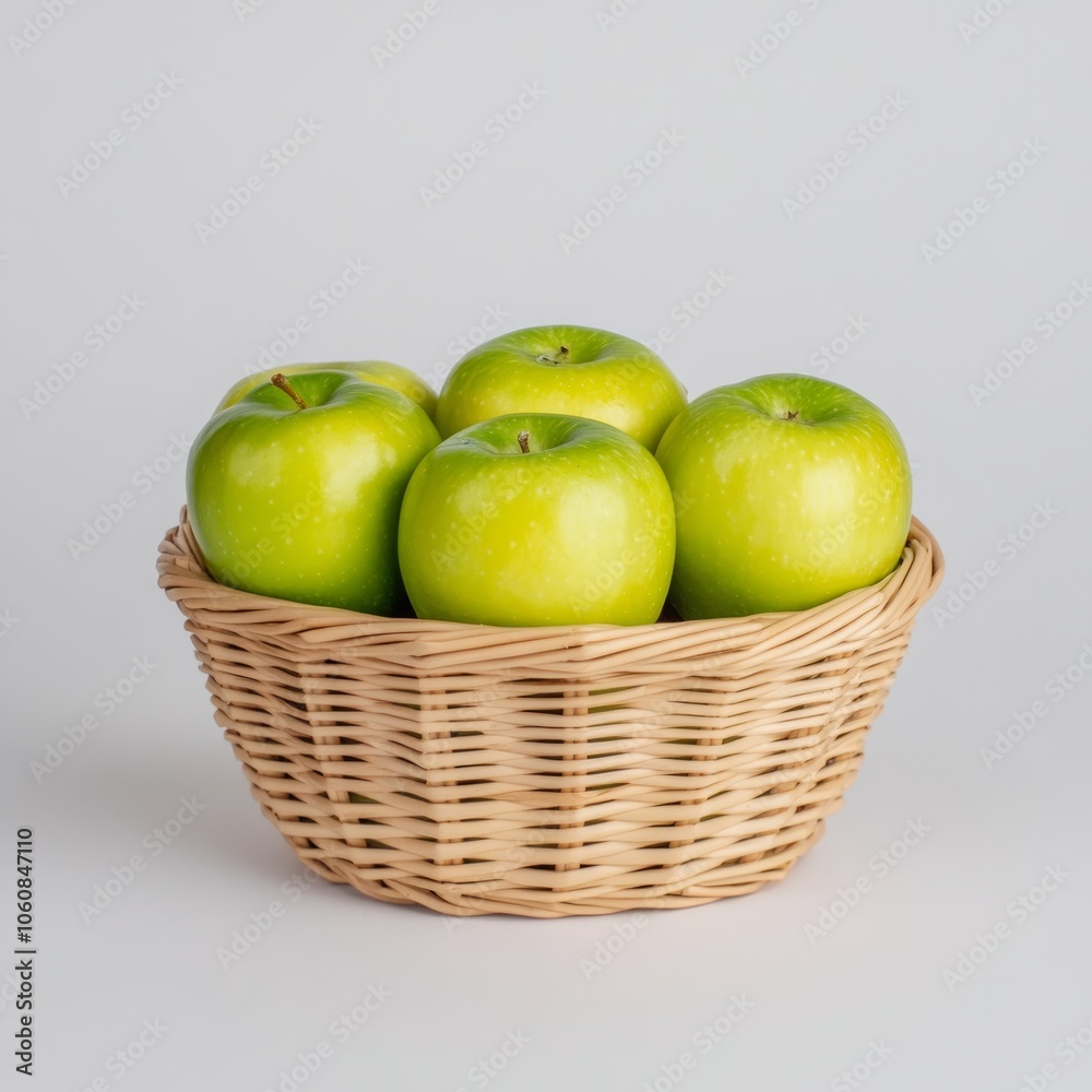 A wicker basket filled with four green apples, isolated on a white background. A wicker basket filled with four green apples, isolated on a white background.