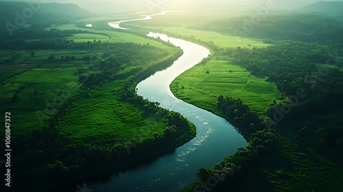 Overhead view of a winding river nestled between vast fields, lush greenery along riverbanks, sunlight casting soft shadows, peaceful rural landscape, high clarity in crops and water texture,