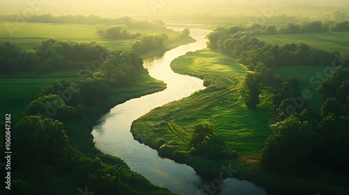 Overhead view of a winding river nestled between vast fields, lush greenery along riverbanks, sunlight casting soft shadows, peaceful rural landscape, high clarity in crops and water texture,