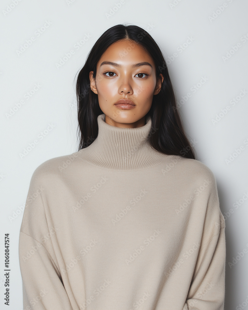 Elegant Woman in Beige Turtleneck Sweater, Minimalist Winter Fashion Portrait Elegant Woman in Beige Turtleneck Sweater, Minimalist Winter Fashion Portrait