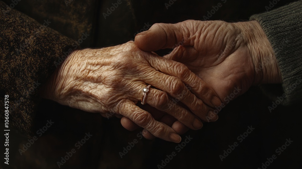 Fototapeta premium Two elderly hands, one with a ring, intertwined, showcasing a lifetime of love and companionship.