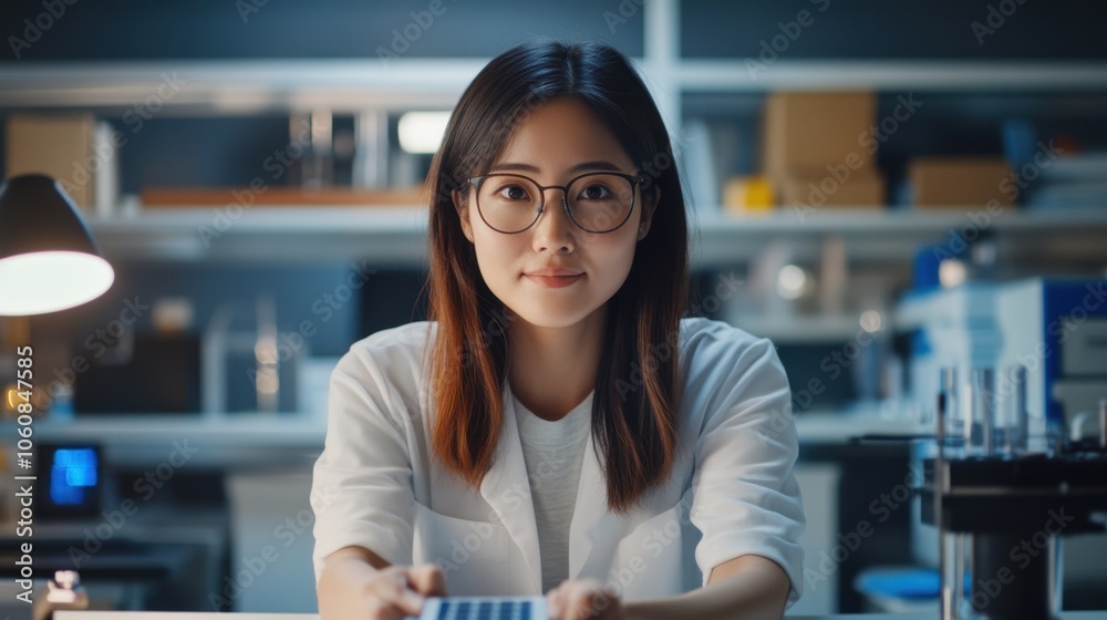 Fototapeta premium Woman Assessing Solar Cells in a Laboratory Setting