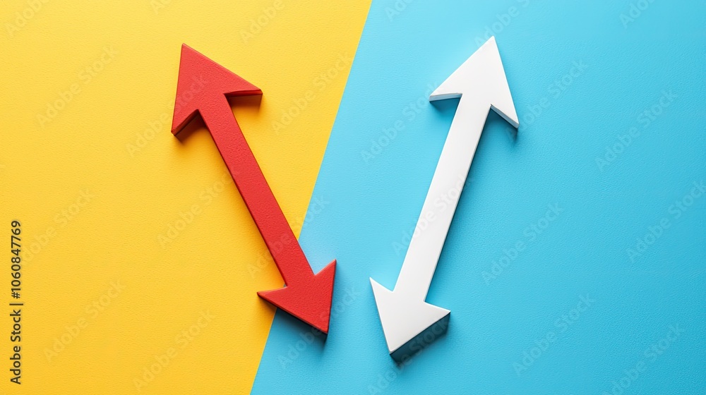 A vibrant image featuring contrasting red and white arrows on yellow and blue backgrounds, symbolizing movement or direction. A vibrant image featuring contrasting red and white arrows on yellow and blue backgrounds, symbolizing movement or direction.