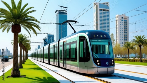 Modern light rail tram, futuristic city transportation, palm tree lined street, waterfront promenade, sleek blue skyscrapers, sunny day, clean urban environment, eco-friendly public transit, coastal c