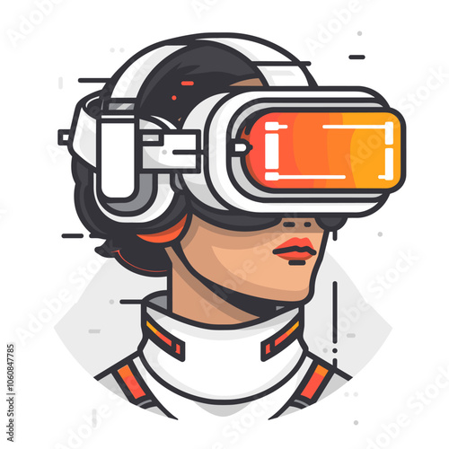 Woman in a white space suit with a pair of virtual reality goggles on her head. The goggles are orange and black