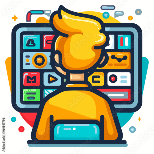 Man is sitting in front of a computer monitor with a yellow shirt on. He is looking at the screen with a serious expression. The monitor has a lot of icons and buttons