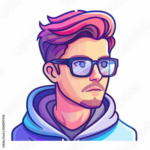 Man with glasses is the main focus of the image, he has a serious expression on his face. The image is a cartoonish representation of a man