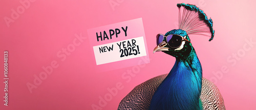 Peacock Wearing Sunglasses with Happy New Year 2025 Sign photo